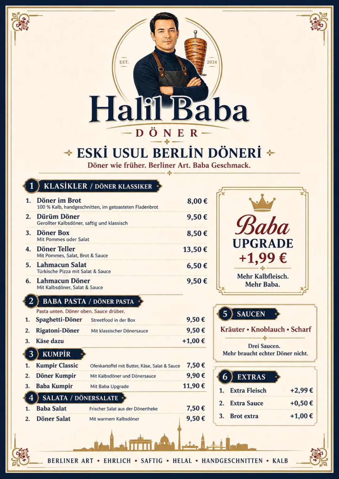 Die gedruckte Speisekarte von Halil Baba Döner