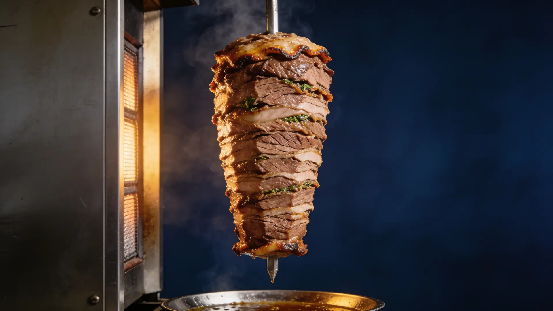 Kalbsdöner-Spieß von Halil Baba dreht sich vor dunkelblauem Hintergrund am Grill